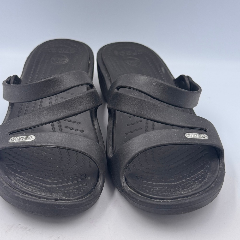 Crocs Patricia Black Multi-Strap Wedge Sandals Womens Size 7 Slip On Slides